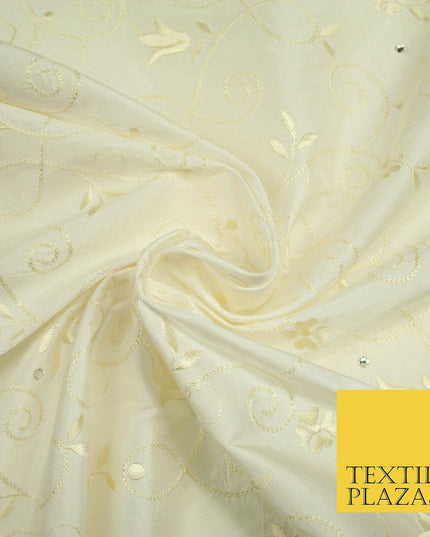 Luxury Ivory Floral Grandeur SWAROVSKI Embroidered 100% PURE SILK Fabric 45"4653