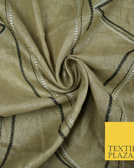 Premium Biscuit Gold Art Deco Embroidered Lurex Linen Upholstery Fabric 53" 4681