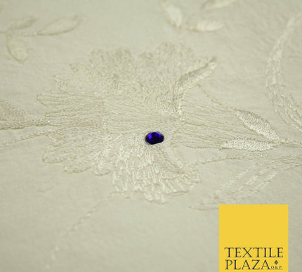 Luxury Ivory Flower Bloom Blue SWAROVSKI Embroidered 100% PURE SILK Fabric 4655