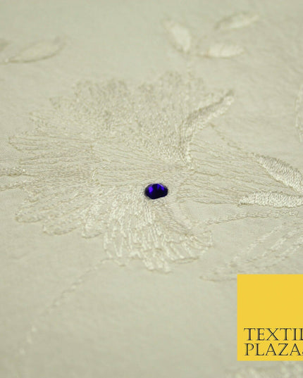 Luxury Ivory Flower Bloom Blue SWAROVSKI Embroidered 100% PURE SILK Fabric 4655