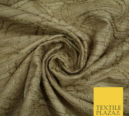 Luxury Beige Gold Tweed Effect Knot Wave Embroidered 100% PURE SILK Fabric 4659