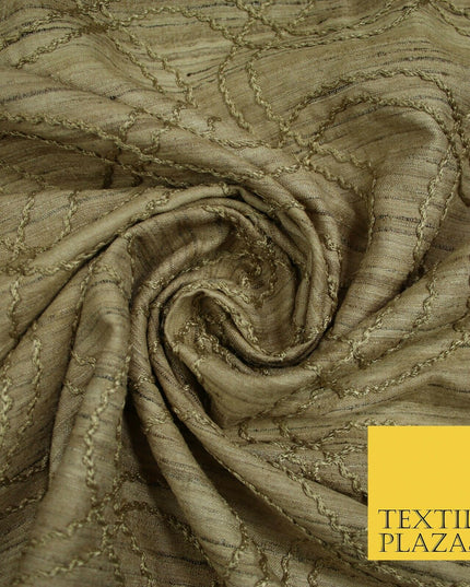 Luxury Beige Gold Tweed Effect Knot Wave Embroidered 100% PURE SILK Fabric 4659