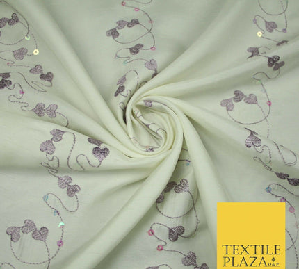 Premium Heart Strings Sequin Striped Embroidered Shantung Raw Silk Dress Fabric