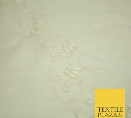 Luxury Ivory Gold Self Floral Stripe Embroidered 100% PURE SILK ORGANZA Fabric