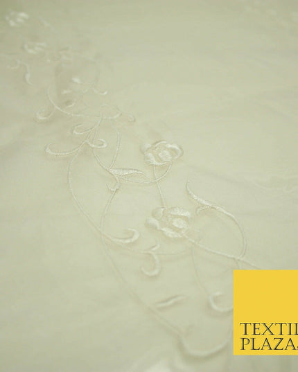 Luxury Ivory Gold Self Floral Stripe Embroidered 100% PURE SILK ORGANZA Fabric