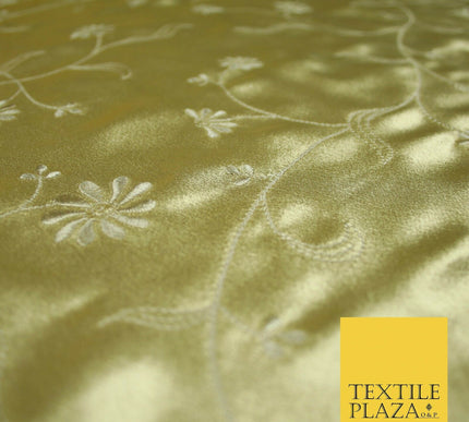 Premium Gold Pink Ivory Floral Embroidered Crepe Back Satin Dress Fabric 44"