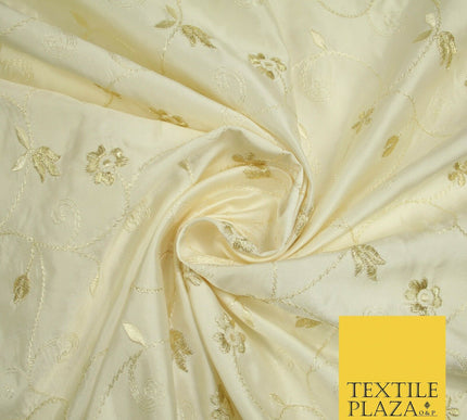 Luxury Ivory Gold Tulip Floral Vine Embroidered 100% PURE SATIN SILK Fabric 4658