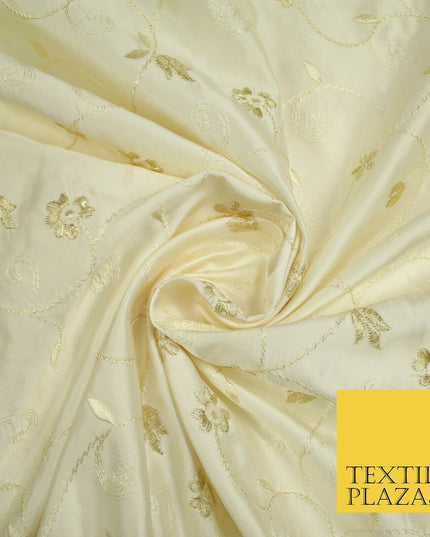 Luxury Ivory Gold Tulip Floral Vine Embroidered 100% PURE SATIN SILK Fabric 4658