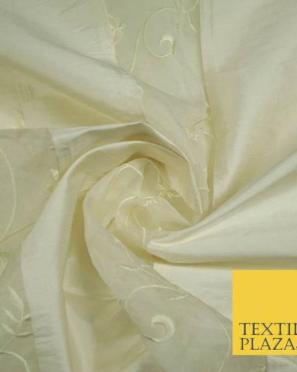 Luxury Ivory Blue Floral Stripe Panel Embroidered 100% PURE SILK ORGANZA Fabric