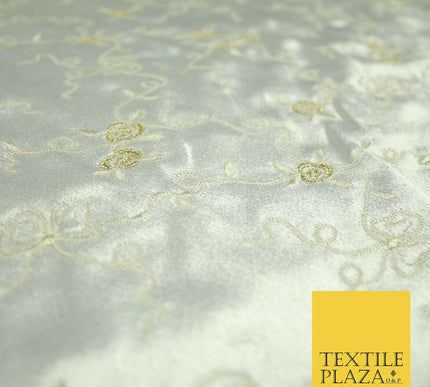 Premium Cream Lilac Floral Ribbons Embroidered Crepe Back Satin Dress Fabric 44"