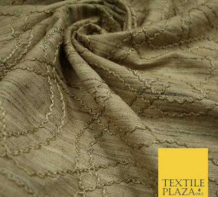Luxury Beige Gold Tweed Effect Knot Wave Embroidered 100% PURE SILK Fabric 4659