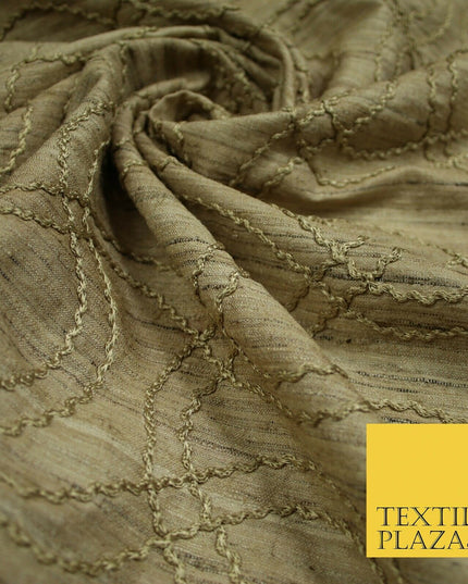 Luxury Beige Gold Tweed Effect Knot Wave Embroidered 100% PURE SILK Fabric 4659