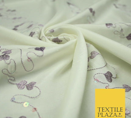 Premium Heart Strings Sequin Striped Embroidered Shantung Raw Silk Dress Fabric