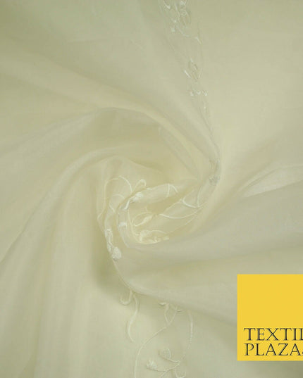 Luxury Ivory Gold Self Floral Stripe Embroidered 100% PURE SILK ORGANZA Fabric