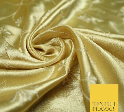 Premium Gold Pink Ivory Floral Embroidered Crepe Back Satin Dress Fabric 44"