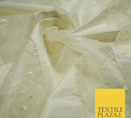 Luxury Ivory Blue Floral Stripe Panel Embroidered 100% PURE SILK ORGANZA Fabric