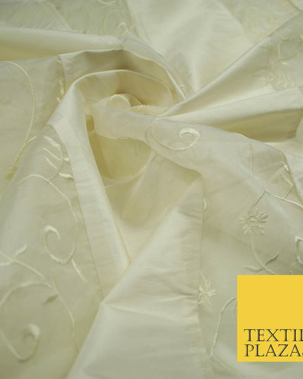 Luxury Ivory Blue Floral Stripe Panel Embroidered 100% PURE SILK ORGANZA Fabric
