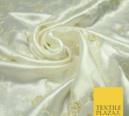 Premium Cream Lilac Floral Ribbons Embroidered Crepe Back Satin Dress Fabric 44"