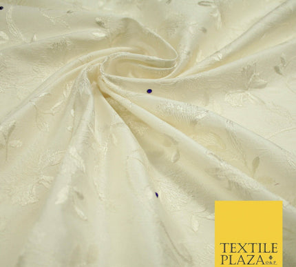Luxury Ivory Flower Bloom Blue SWAROVSKI Embroidered 100% PURE SILK Fabric 4655