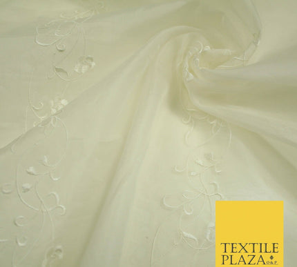 Luxury Ivory Gold Self Floral Stripe Embroidered 100% PURE SILK ORGANZA Fabric