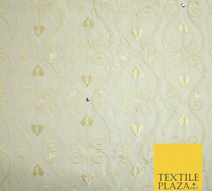 Luxury Ivory Floral Spade Leaf SWAROVSKI Embroidered 100% PURE SILK Fabric 4656