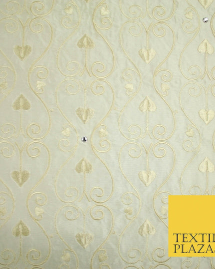 Luxury Ivory Floral Spade Leaf SWAROVSKI Embroidered 100% PURE SILK Fabric 4656