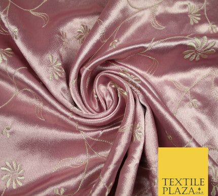 Premium Gold Pink Ivory Floral Embroidered Crepe Back Satin Dress Fabric 44"