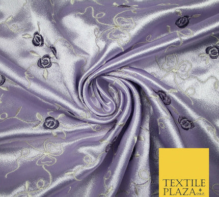 Premium Cream Lilac Floral Ribbons Embroidered Crepe Back Satin Dress Fabric 44"