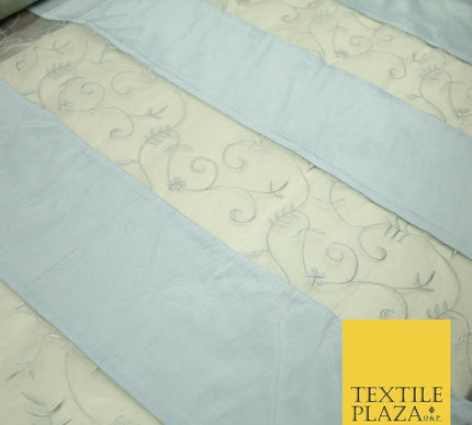 Luxury Ivory Blue Floral Stripe Panel Embroidered 100% PURE SILK ORGANZA Fabric
