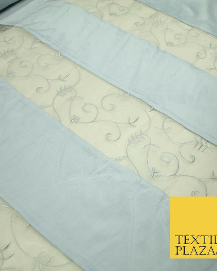 Luxury Ivory Blue Floral Stripe Panel Embroidered 100% PURE SILK ORGANZA Fabric