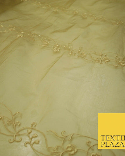 Luxury Ivory Gold Self Floral Stripe Embroidered 100% PURE SILK ORGANZA Fabric
