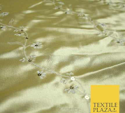 Premium Gold Pink Ivory Floral Striped Embroidered Crepe Back Satin Dress Fabric