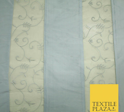 Luxury Ivory Blue Floral Stripe Panel Embroidered 100% PURE SILK ORGANZA Fabric
