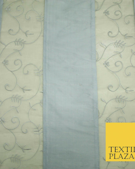 Luxury Ivory Blue Floral Stripe Panel Embroidered 100% PURE SILK ORGANZA Fabric