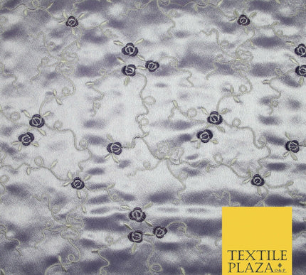 Premium Cream Lilac Floral Ribbons Embroidered Crepe Back Satin Dress Fabric 44"