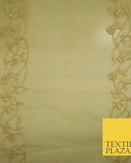 Luxury Ivory Gold Self Floral Stripe Embroidered 100% PURE SILK ORGANZA Fabric