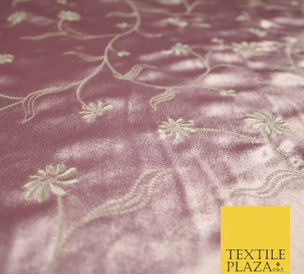 Premium Gold Pink Ivory Floral Embroidered Crepe Back Satin Dress Fabric 44"