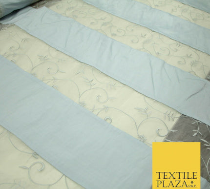Luxury Ivory Blue Floral Stripe Panel Embroidered 100% PURE SILK ORGANZA Fabric