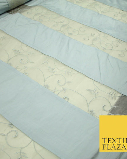 Luxury Ivory Blue Floral Stripe Panel Embroidered 100% PURE SILK ORGANZA Fabric