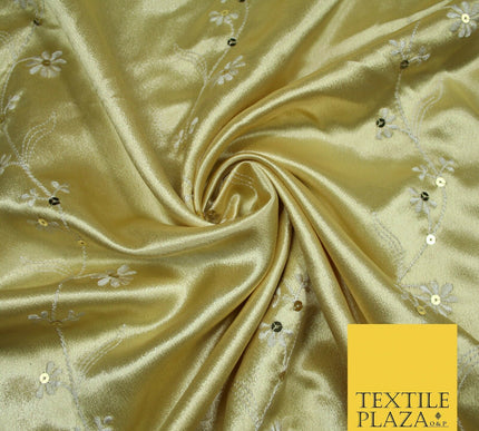 Premium Gold Pink Ivory Floral Striped Embroidered Crepe Back Satin Dress Fabric