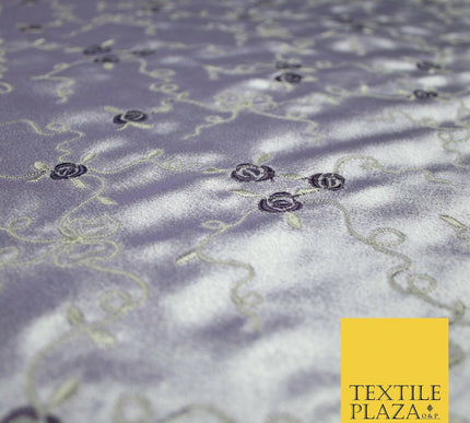 Premium Cream Lilac Floral Ribbons Embroidered Crepe Back Satin Dress Fabric 44"