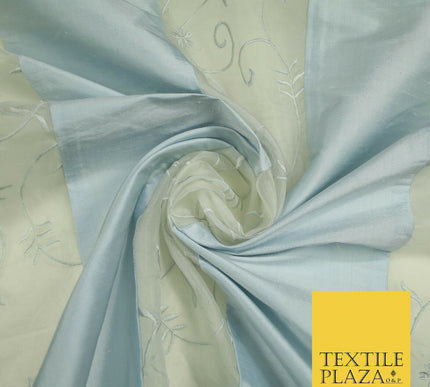 Luxury Ivory Blue Floral Stripe Panel Embroidered 100% PURE SILK ORGANZA Fabric