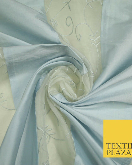 Luxury Ivory Blue Floral Stripe Panel Embroidered 100% PURE SILK ORGANZA Fabric