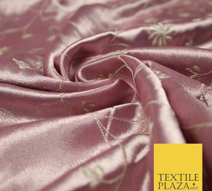 Premium Gold Pink Ivory Floral Embroidered Crepe Back Satin Dress Fabric 44"