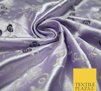 Premium Cream Lilac Floral Ribbons Embroidered Crepe Back Satin Dress Fabric 44"