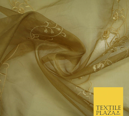 Luxury Ivory Gold Self Floral Stripe Embroidered 100% PURE SILK ORGANZA Fabric