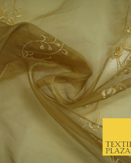 Luxury Ivory Gold Self Floral Stripe Embroidered 100% PURE SILK ORGANZA Fabric