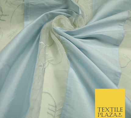 Luxury Ivory Blue Floral Stripe Panel Embroidered 100% PURE SILK ORGANZA Fabric