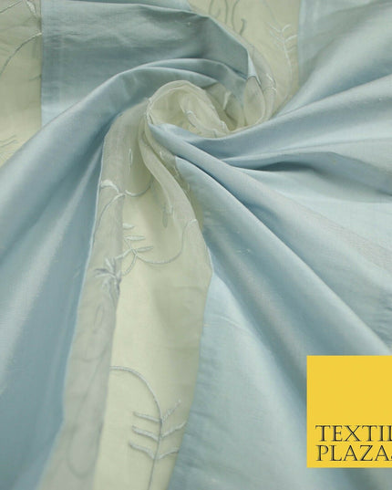 Luxury Ivory Blue Floral Stripe Panel Embroidered 100% PURE SILK ORGANZA Fabric