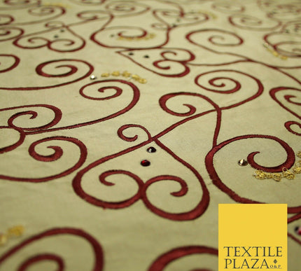 Luxury Gold Ornate Swirl Hearts SWAROVSKI Embroidered 100% PURE SILK Fabric 4642